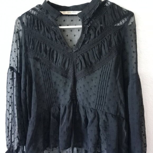 Zara Basic Women's dotted Sheer Blouse with Lace Black size Small - Picture 10 of 10